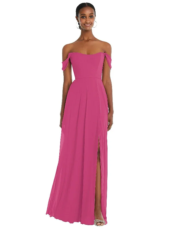 Bold Fashion Sales Elegant Style Off-the-Shoulder Basque Neck Maxi Dress with Flounce Sleeves