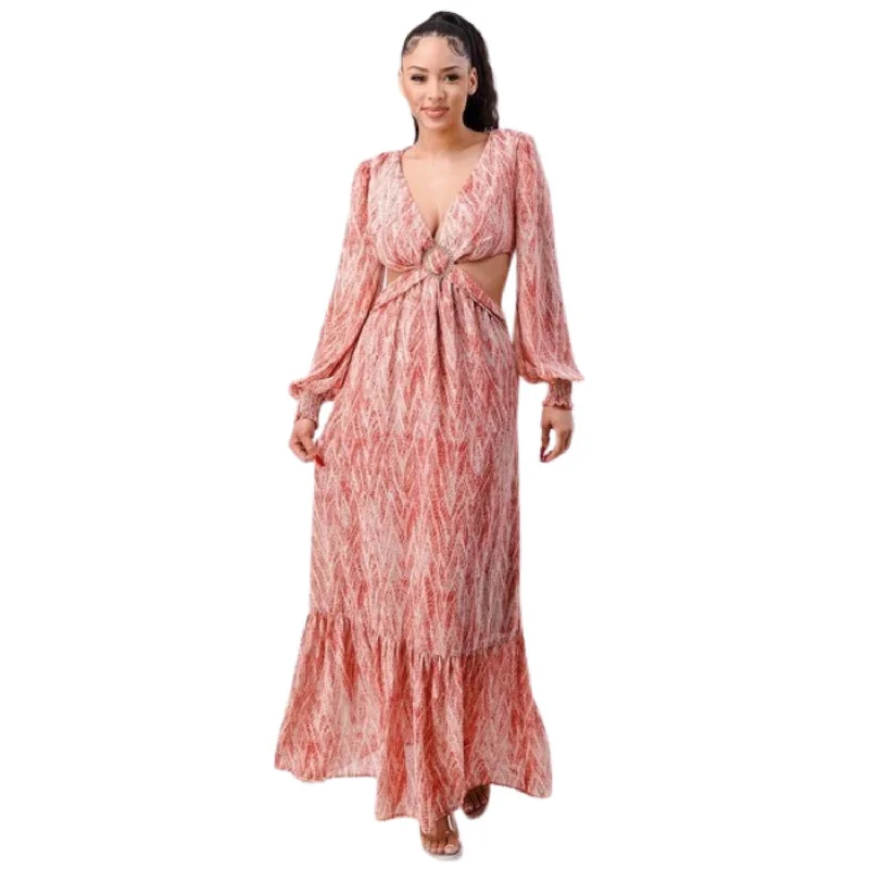 Seasonal Fashion Cool Prices Printed V Neck Self Belted Side Cut Out Ruffled Maxi Dress