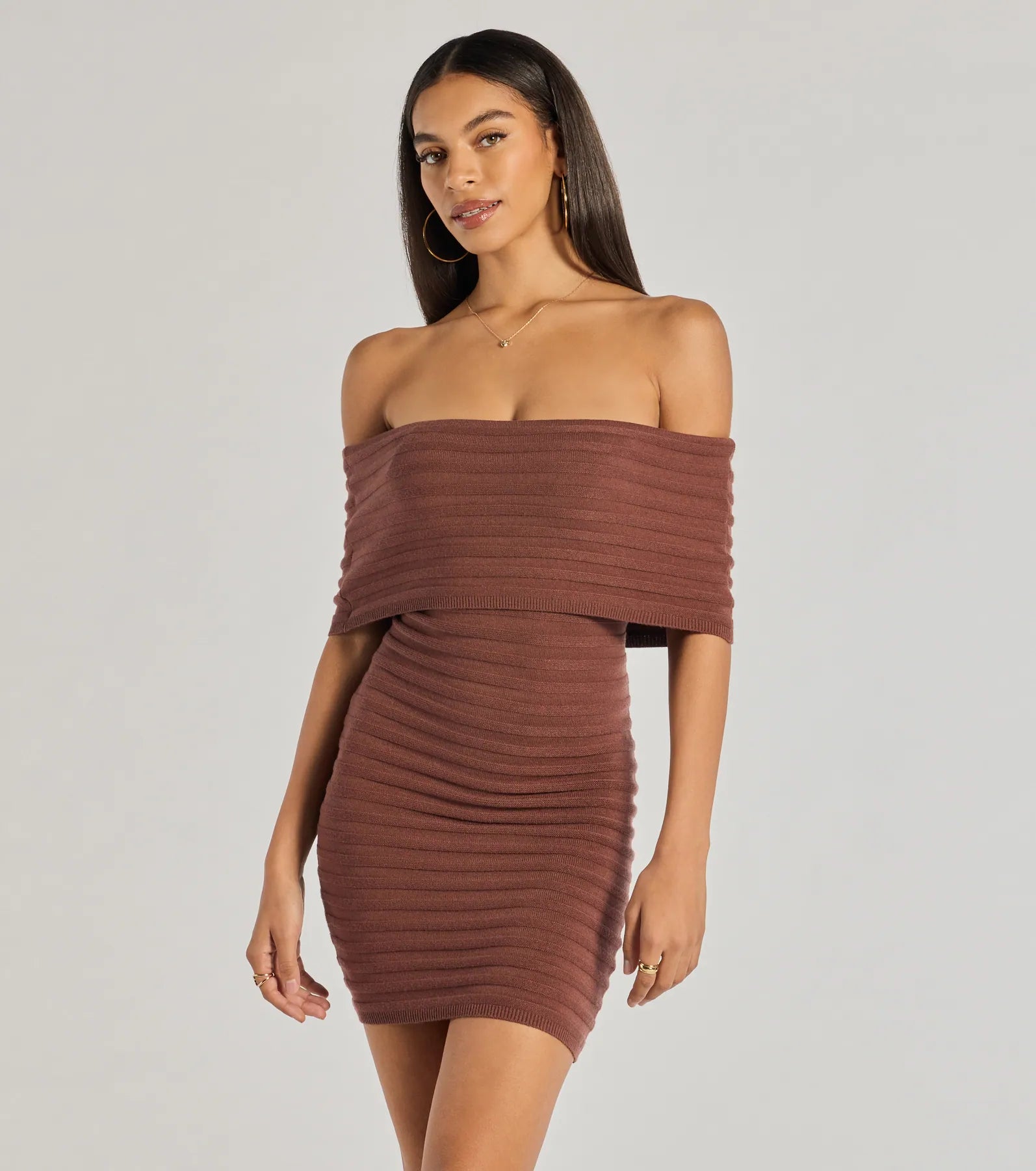 Polished Style Deals End - Of - Month Blowout Soft And Chic Ribbed Knit Off-The-Shoulder Mini Dress