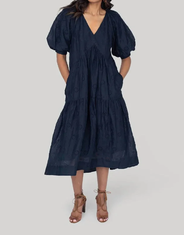 Vintage-Inspired Style Offers Huge Savings On Parisian Styles V-Neck Puff Sleeve Maxi Dress In Navy