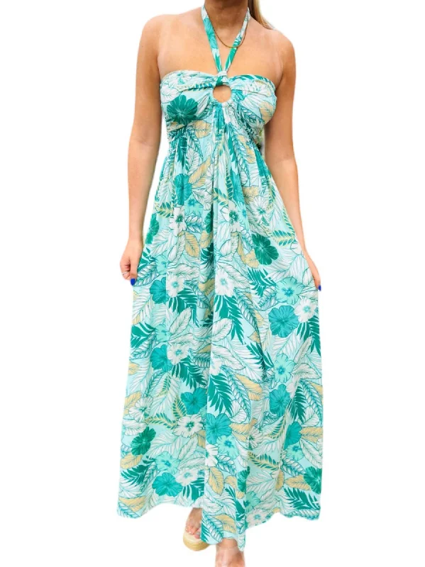 Huge Discounts This Week Trendy Styles Hawaiian Halter Tie Back Maxi Dress In Lt Blue/green