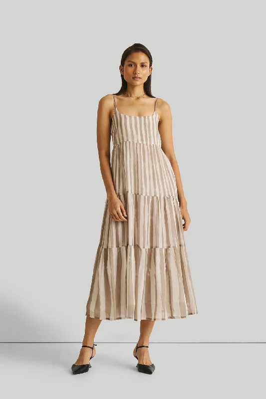 You'Ll Love Us Because Pastel Styles Strappy Tiered Maxi Dress in Beige Stripes