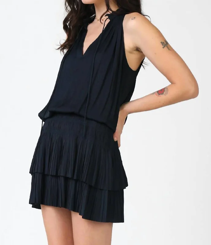 Fashion Essentials Feminine Soft - Hued Styles Sleeveless Pleated Mini Dress in Navy