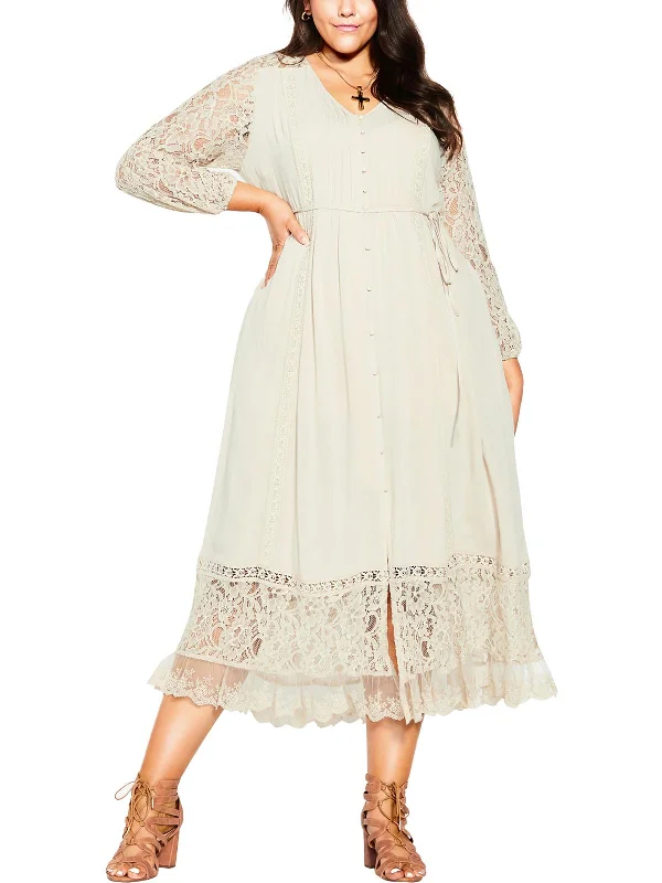 Gift Ideas Mother'S Day Special Plus Womens Lace Inset Long Sleeves Maxi Dress