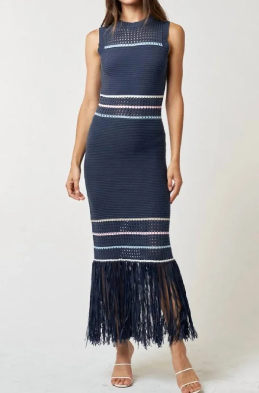 Urban Fashion Seasonal Fashion Fringe Hem Maxi Dress In Navy