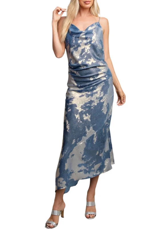 Ride The Style Wave Budget-Friendly Fashion Mila Printed Midi Dress With Asymmetric Hem In Blue