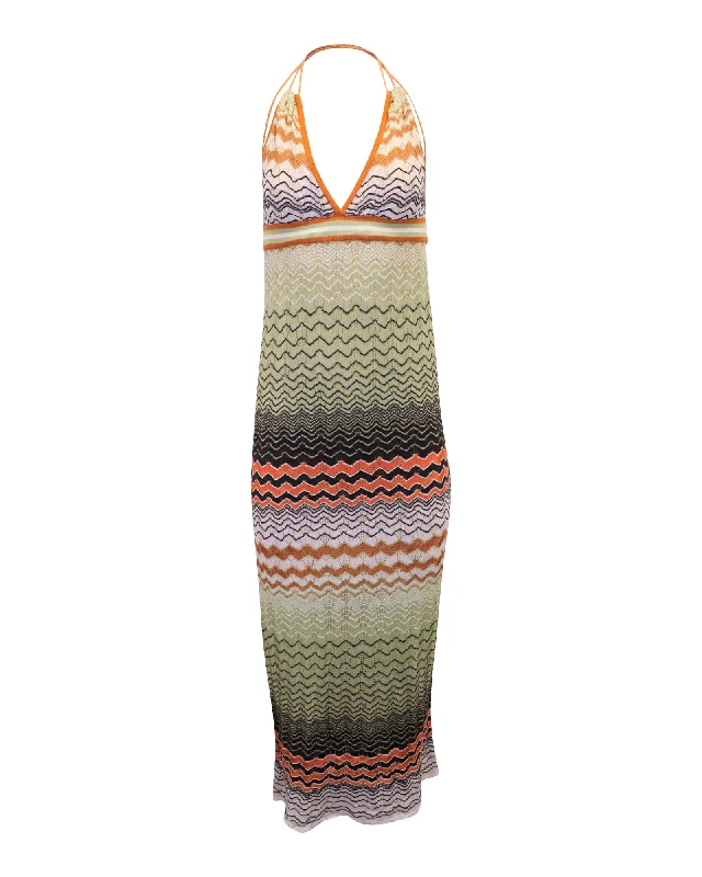 Mega Sales Flash Deals M Missoni Wave Knit Halter Neck Maxi Dress in Multicolor Cotton