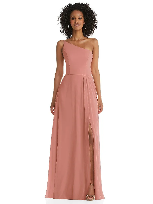 Feminine Style Promotions End Of Season Sale One-Shoulder Chiffon Maxi Dress with Shirred Front Slit