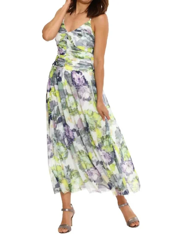 Mega Sale End - Of - Month Blowout V-Neck Ruched Maxi Dress In White/yellow