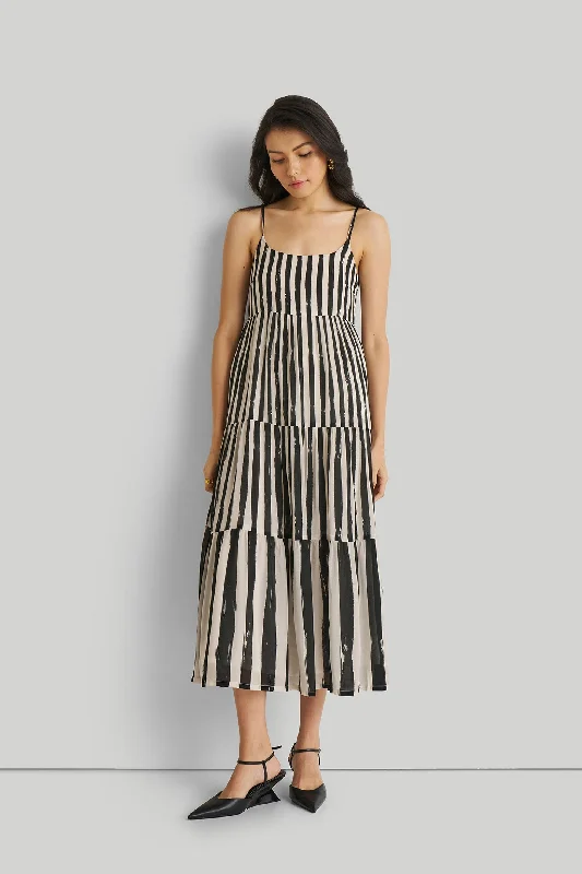 Limited Stock, Big Discounts Wardrobe Refresh Strappy Tiered Maxi Dress in Black Stripes