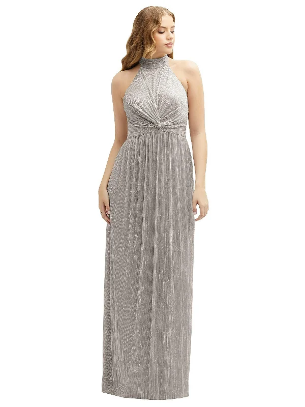 Avant-Garde Style Promotions Wardrobe Update Band Collar Halter Open-Back Metallic Pleated Maxi Dress