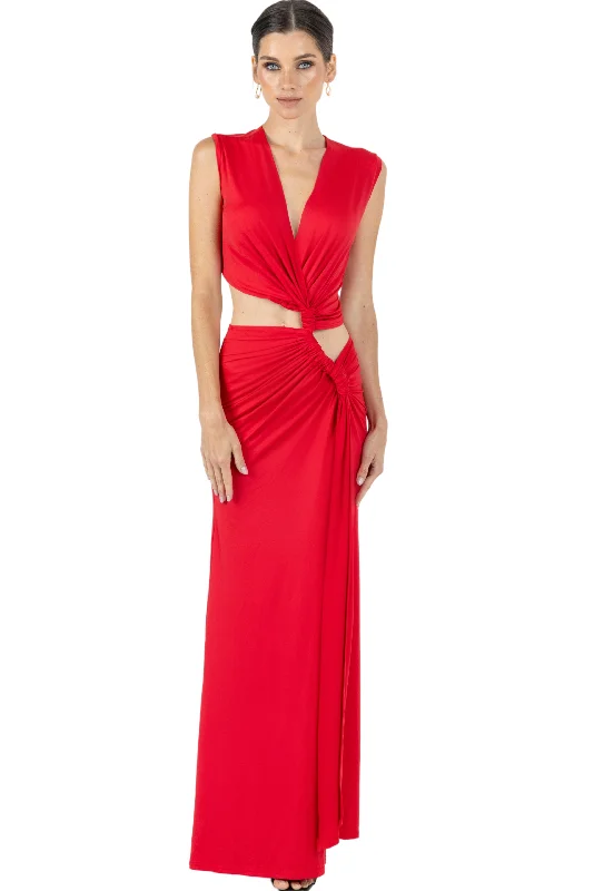 Casual Chic Deals Mid - Season Sale Hazel V Neck Thigh Slit Maxi Dress In Red