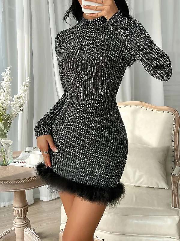 Break Fashion Norms Holiday Sale Faux Fur Patchwork Mock Neck Bodycon Mini Sweater Dress