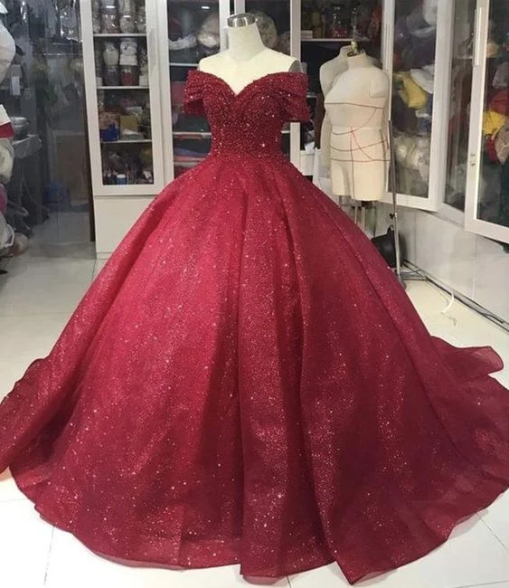 Premium Fashion Clearance Event Burgundy A line long ball gown dress off shoulder evening prom dress     cg20796