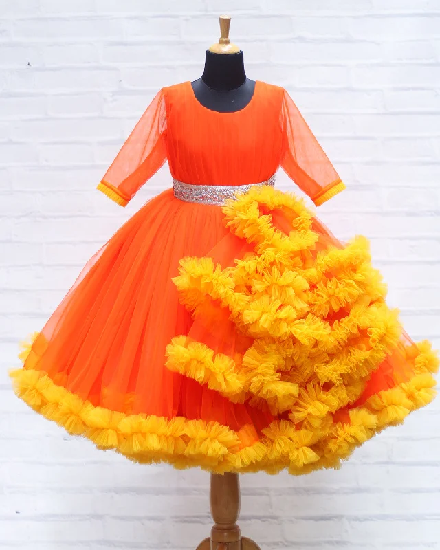 Season Sale Wardrobe Update Pre-Order: Orange And Mango Yellow Flouncy Frill Gown With Silver Belt