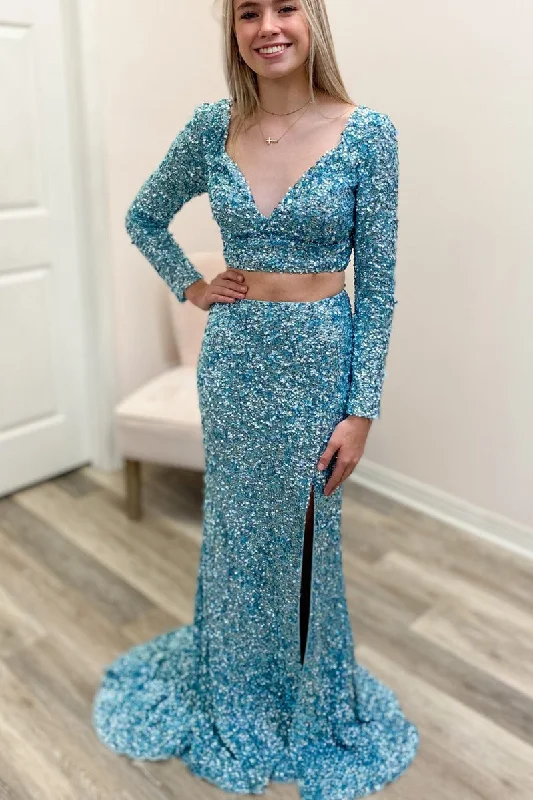 Modern Chic Discounts Grab Romantic Date - Night Styles Now Two Piece Light Blue Sequins Long Sleeves Prom Dress