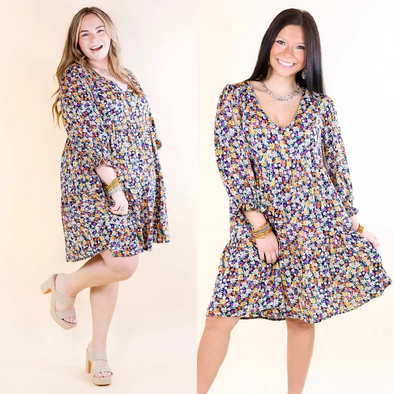 Comfortable Chic Spring Fashion Pretty Personality Tiered Floral Dress in Navy Blue