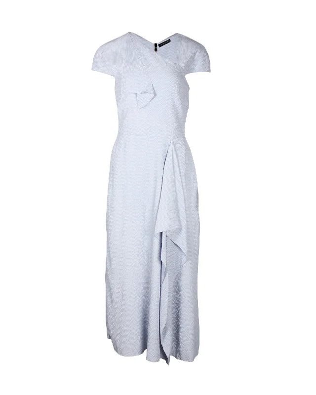 New In This Season Limited - Stock Roland Mouret Elliot Draped Cloqué Midi Dress in Light Blue Viscose