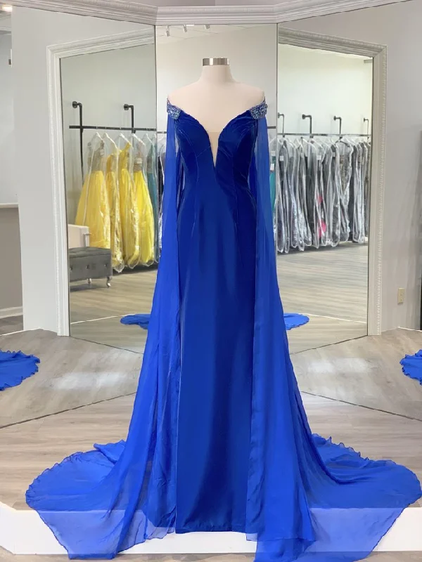 Break Fashion Norms Clearance Event Royal Blue Velvet Elegant Red Carpet Couture Gowns with Chiffon Cape Bead-work Shoulder Off the Shoulder prom dress formal gowns    cg20152