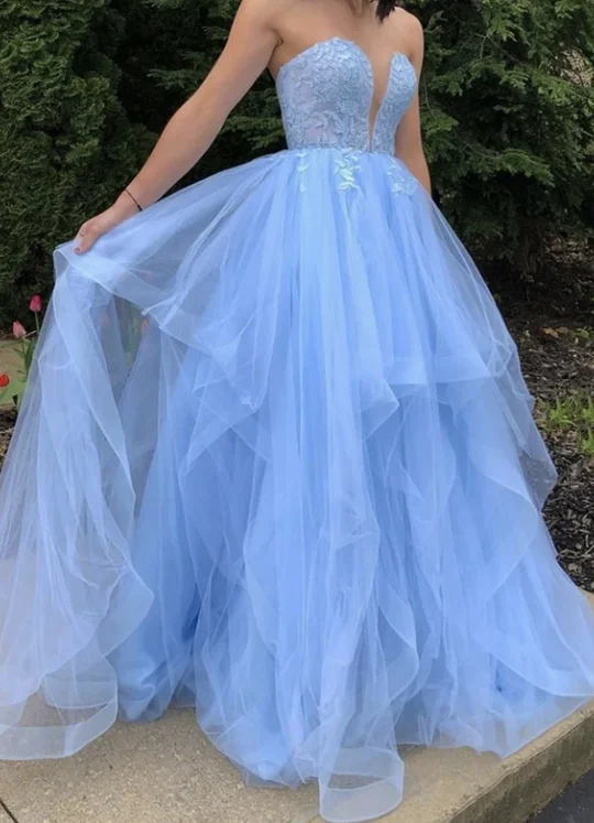 Summer Fashion Elevate Your Wardrobe Blue strapless tulle lace long ball gown prom dress   cg11463