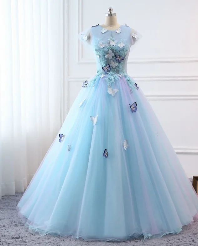 Fashion Deal Day-To-Night Styles Prom Ball Gown Plus Size Long 2021 Women Formal Dresses Sky Blue Butterfly flower Quinceanera Dress    cg20038