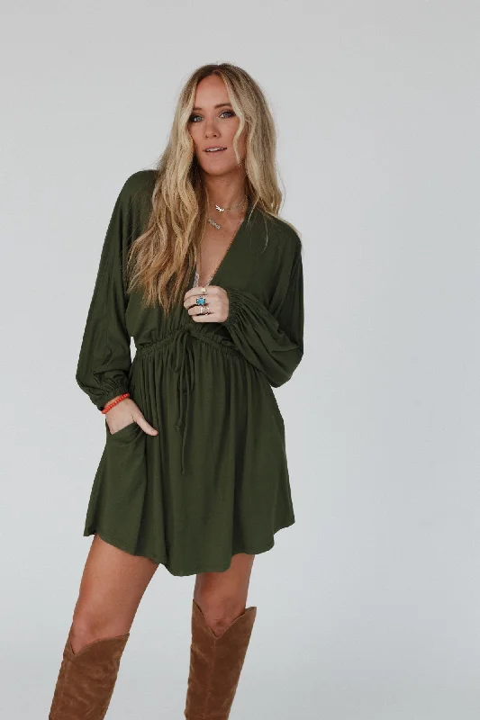 Chic And Edgy Limited Time Deal The Nest Sweet Vacay Long Sleeve Dress - Super Olive