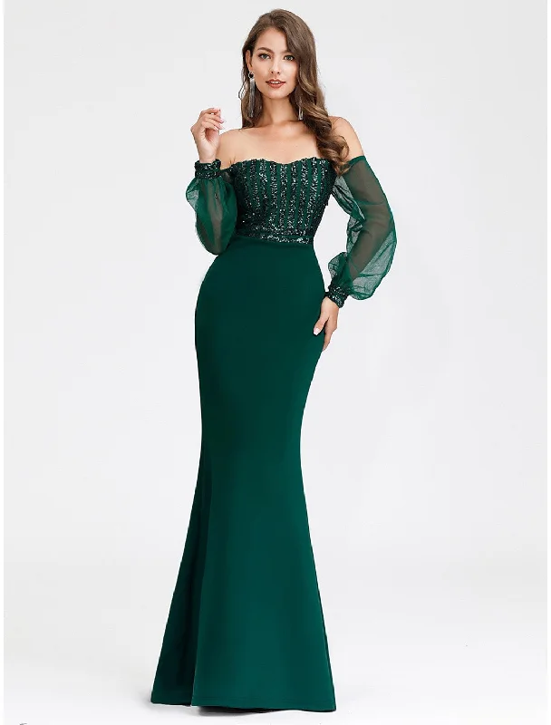 Relaxed Style Chic Outfits Sexy Formal Evening Dress Off Shoulder Long Sleeve Floor Length with Sequin