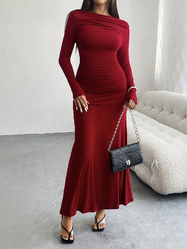 Catch Every Fashion Trend Early Access To Art Deco Styles Sale Solid Color Ruched Bodycon Fishtail Maxi Dress