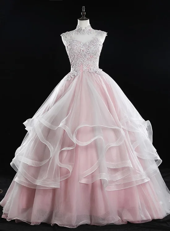 Fashion Frontiers Wardrobe Essentials Pink High Neck Tulle Lace Long Prom Dress, Pink Sweet 16 Gown   cg15884