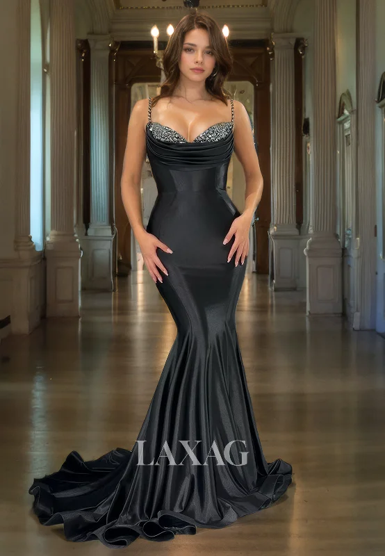 Shop The Hottest Deals Stylish Looks Spaghetti Straps Sequins Sleek Satin Mermaid Party Prom Formal Evening Dress