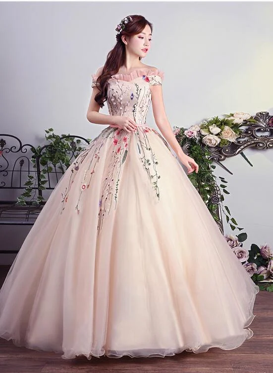 Stylish Statements Hot Trends Charming Pink Off Shoulder Ball Gown Formal Dress, Lace Applique Party Dress prom dress evening dress    cg21032