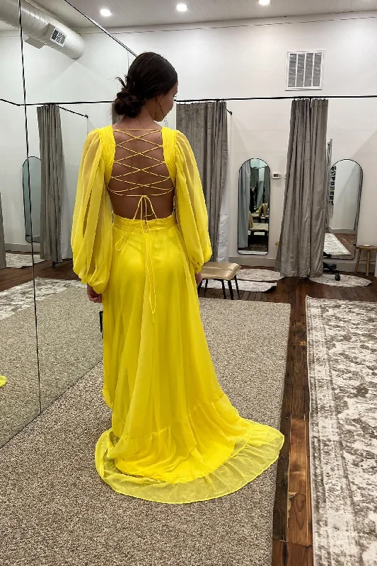 Smart Casual Deals Stylish Savings Yellow Chiffon A-line V Neckline Long Sleeves Lace-Up Back Long Prom Dress