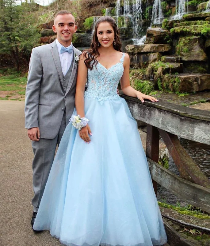 Luxury Fashion Discounts Stylish Savings BLUE TULLE LACE LONG BALL GOWN PROM DRESS   cg11083