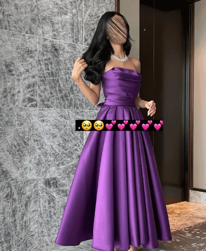 Unbeatable Deals Flash Sale Elegant Off the Shoulder Evening Dress with Tiered Ruched A-Line Tea Length Satin Prom Dress High Quality