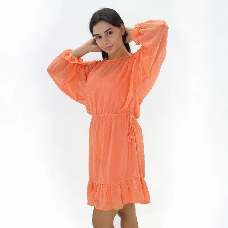 Spring Fashion Limited Styles Women's Chiffon Long Sleeve Dress,Coral