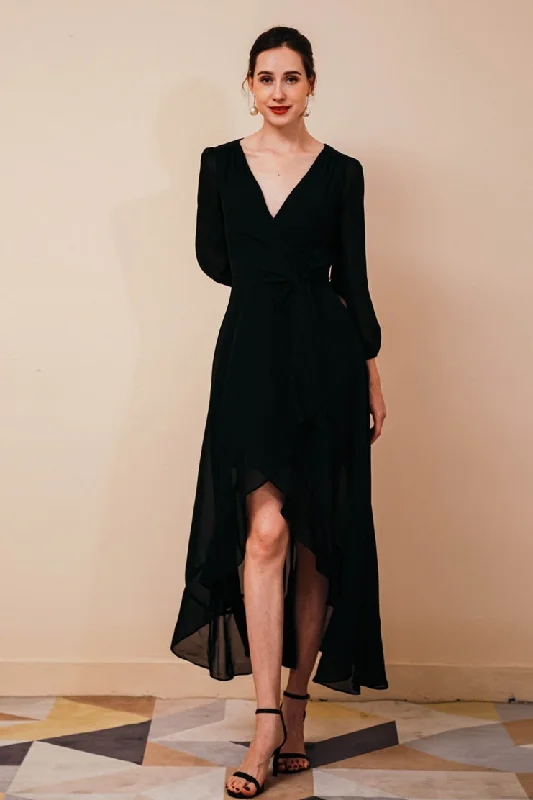 High-End Style Discounts Now On Sale For Chic Urban Styles High Low Black Chiffon Long Sleeves Party Dress