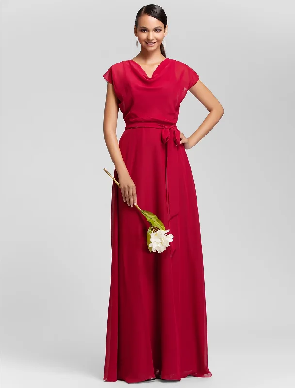 Statement Fashion Offers Anniversary Sale Sheath / Column Bridesmaid Dress Cowl Neck Short Sleeve Elegant Floor Length Chiffon with Sash / Ribbon / Draping