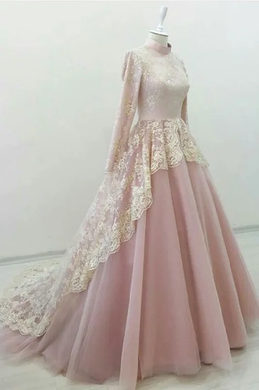 Best Deals Of The Season Big Savings Pink tulle high neck court train evening dress prom gown with long sleeves    cg20370