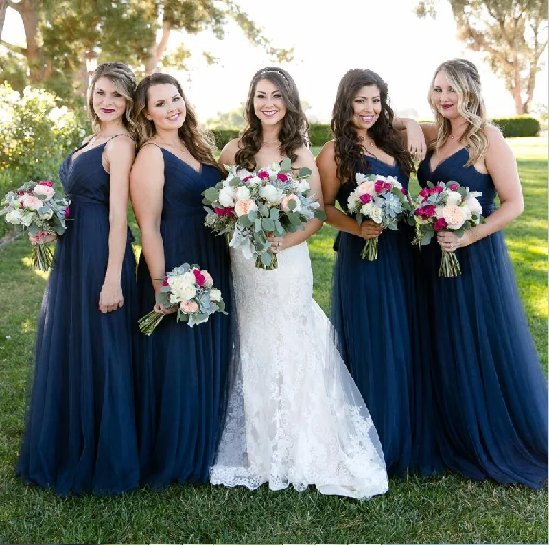 Chic & Modern Sales Limited Time Deal V-Neck Navy Blue Long Tulle A-Line Elegant Bridesmaid Dresses,WG347