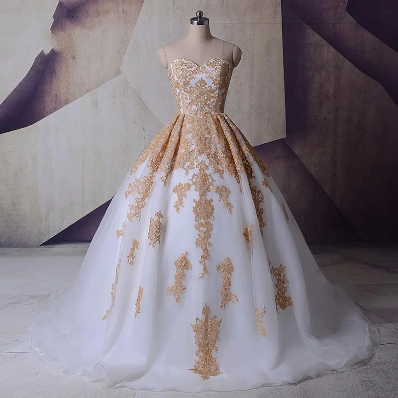 Shop Sales Big Savings Vestido Gold Lace Appliques Wedding Dresses Princess Ball Gowns