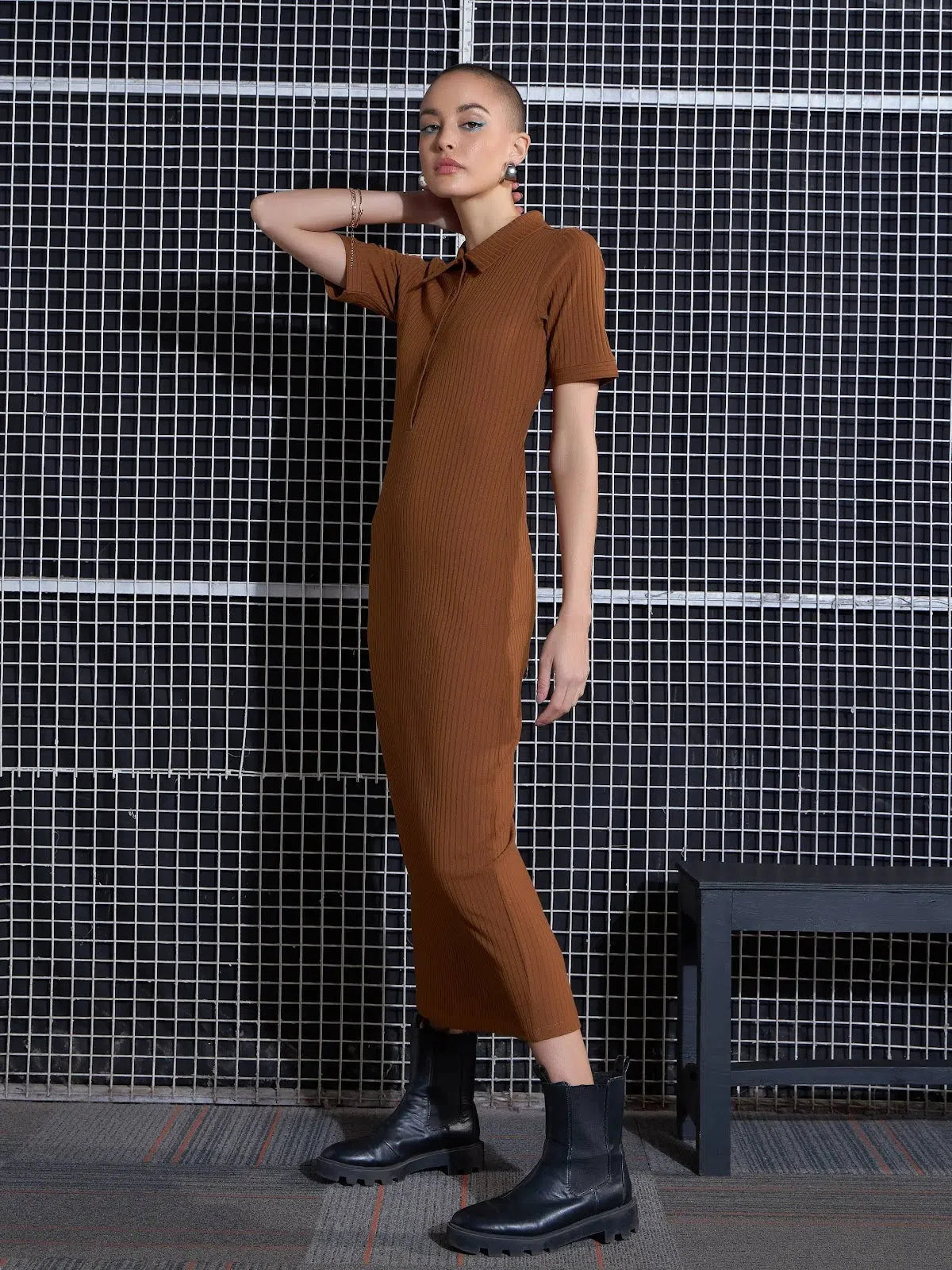 Street Style Discounts End Of Season Sale Women Brown Rib Polo Neck Bodycon Midi Dress