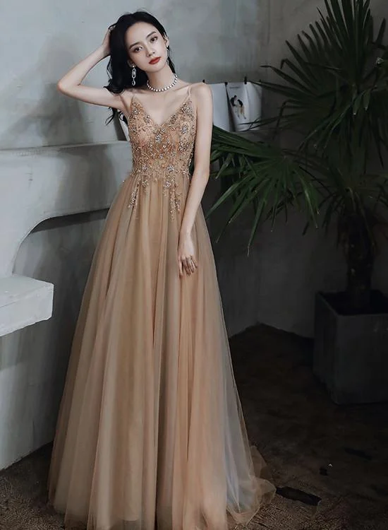 Clearance Event Exclusive Sale Champagne Beaded V-Neckline Spaghetti Strap Tulle Evening Gown, A-Line Prom Dress    cg20003