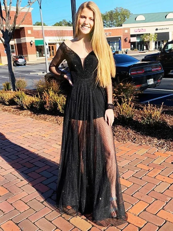 Fashionable Comfort Promotions Best-Sellers Shiny Long Sleeves V Neck Lace Sequins Black Long Prom Dresses, Long Sleeves Black Formal Dresses, Black Evening Dresses