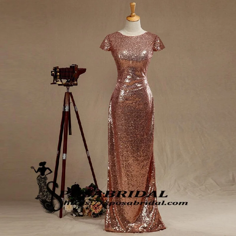 Hot Sale Chic Outfits Black and Rose Gold Sequins Mermaid Cheap Sparkly Custom  Cowl Back Cap Sleeves Scoop Bridesmaid Dresses , WG294