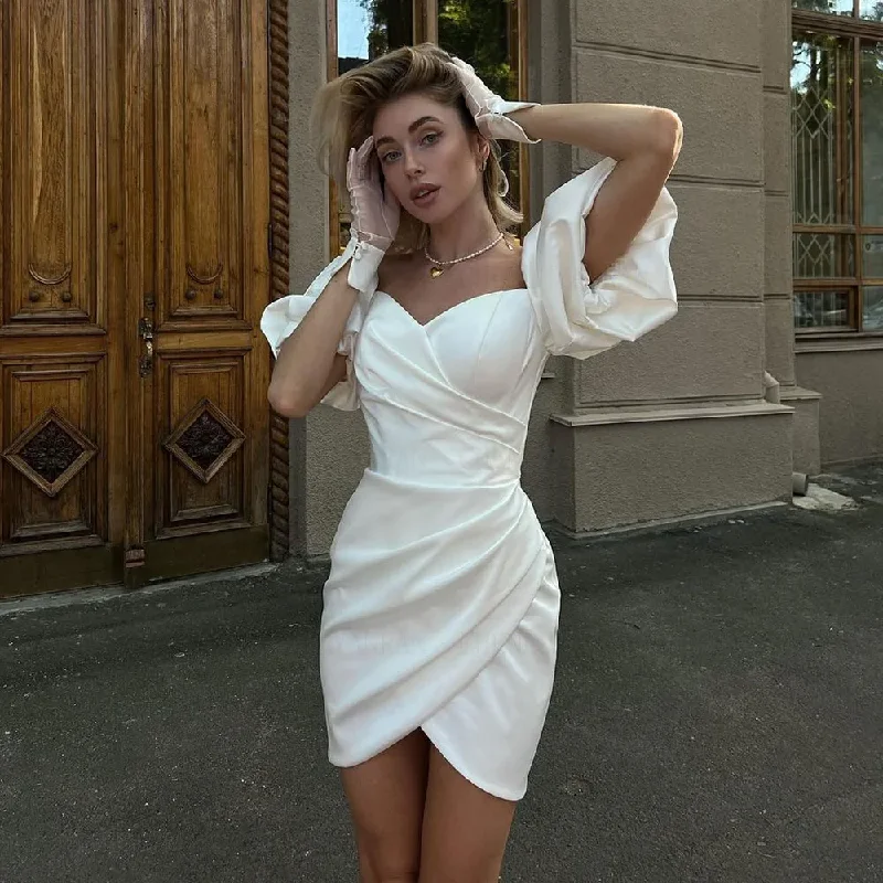 Huge Price Cut Today Only Puff Sleeves Satin Homecoming Dresses  New High Quality Sexy Mini Length Party Gowns Lace Up Cocktail Dresses for Women