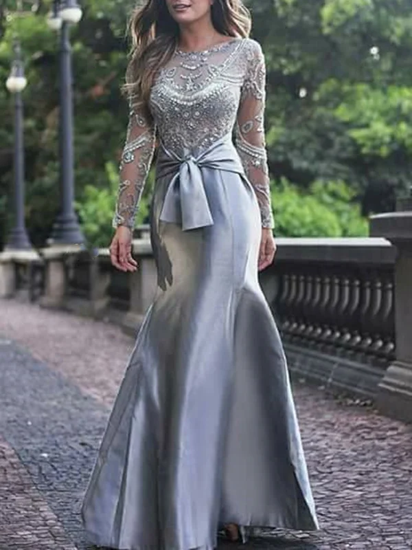 Trendy Fashion Sale Chic Styles Gorgeous Mermaid Long Sleeves Gray Beaded Long Prom Dresses, Mermaid Gray Formal Dresses, Beaded Gray Evening Dresses SP2124