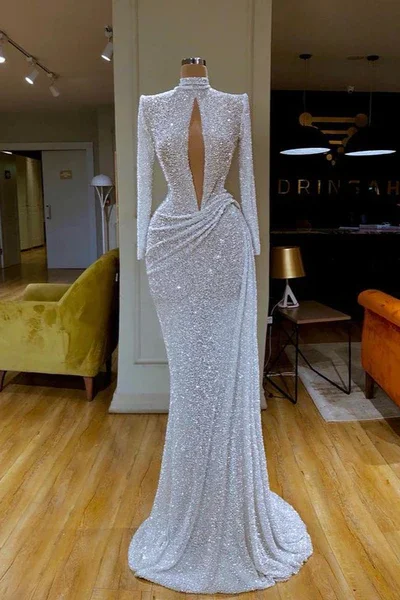 Limited Styles Anniversary Sale STUNNING LONG SLEEVE HIGH NECK SEQUINS PROM DRESS MERMAID LONG M5869