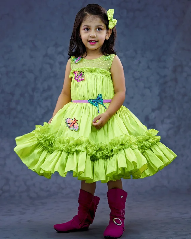 Save Big Big Savings Pre-Order:  Textile moth dress- light lime green ruffled gown with colorful embroidery moth