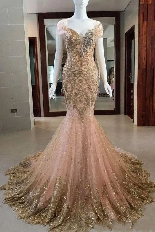 Limited Styles Pastel Styles Lace Sheer Neck Illusion Peach Mermaid Prom Evening Dresses Lace Appliques bling bling Crystal Formal party Gowns   cg11683