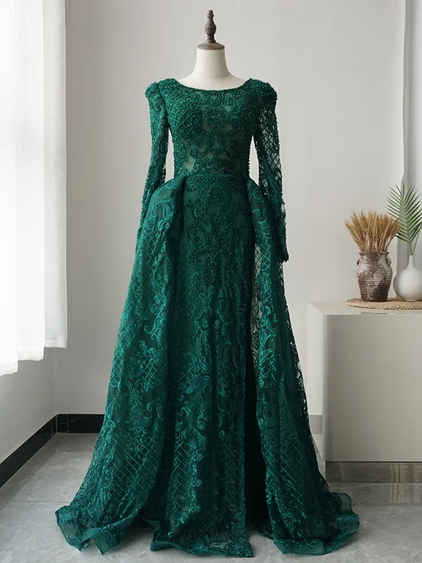 Flash Sale Fever Fashion-Forward Outfits Long Sleeves Round Neck Green Lace Beaded Long Prom Dresses, Beaded Green Lace Formal Evening Dresses SP2116